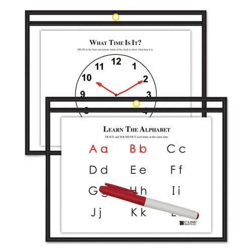 C-Line Reusable Dry Erase Pockets, Super Heavy-Duty, Top Load 12 x 9 Insert, Clear Front, Black Border