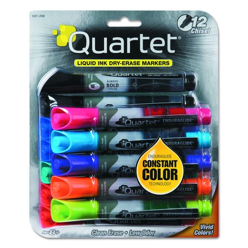 Quartet EnduraGlide Dry Erase Marker, Broad Chisel Tip, Nine Assorted Colors, 12/Set