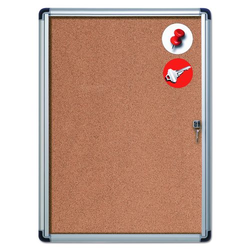 MasterVision Slim-Line Enclosed Cork Bulletin Board with One Door, 28" x 38", Tan Surface, Satin Aluminum Frame