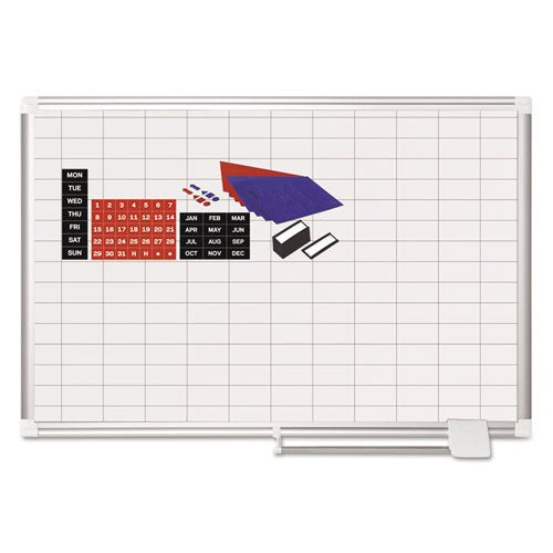 MasterVision Gridded Magnetic Steel Dry Erase Project Planning Board, 1" x 2" Cells, 36" x 24", White Surface, Satin Aluminum Frame
