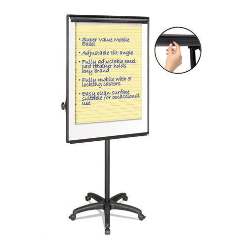 MasterVision Silver Easy Clean Dry Erase Mobile Presentation Easel, 27.5" x 39", White Surface, Black Aluminum/Steel Frame
