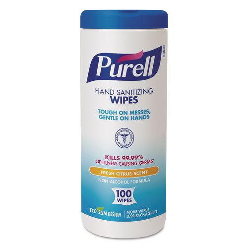 PURELL Premoistened Hand Sanitizing Wipes, Cloth, 5.75 x 7, Fresh Citrus, White, 100/Canister