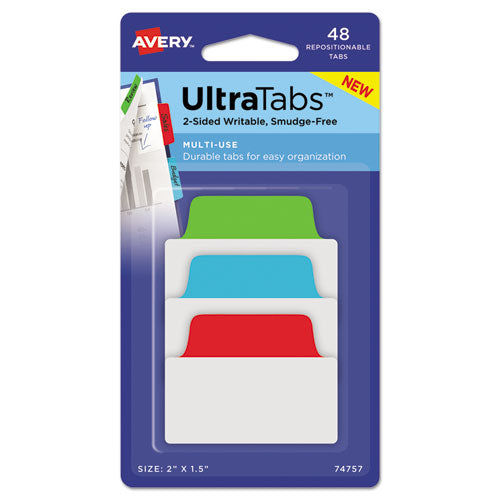 Avery Ultra Tabs Repositionable Tabs, Standard: 2" x 1.5", 1/5-Cut, Assorted Colors (Blue, Green and Red), 48/Pack