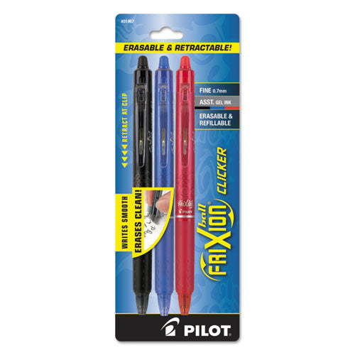 Pilot FriXion Clicker Erasable Gel Pen, Retractable, Fine 0.7 mm, Assorted Business Ink and Barrel Colors, 3/Pack
