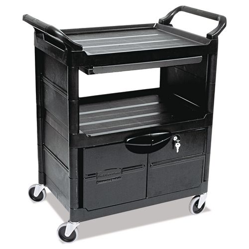 Rubbermaid Commercial Utility Cart with Locking Doors, Plastic, 3 Shelves, 200 lb Capacity, 33.63" x 18.63" x 37.75", Black