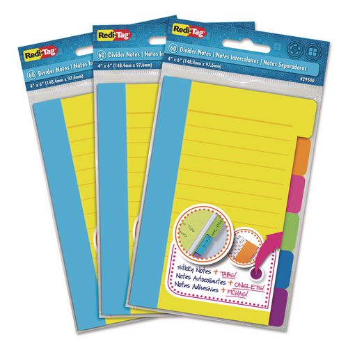 Redi-Tag Divider Sticky Notes, 6-Tab Sets, Note Ruled, 4" x 6", Assorted Colors, 60 Sheets/Set, 3 Sets/Pack