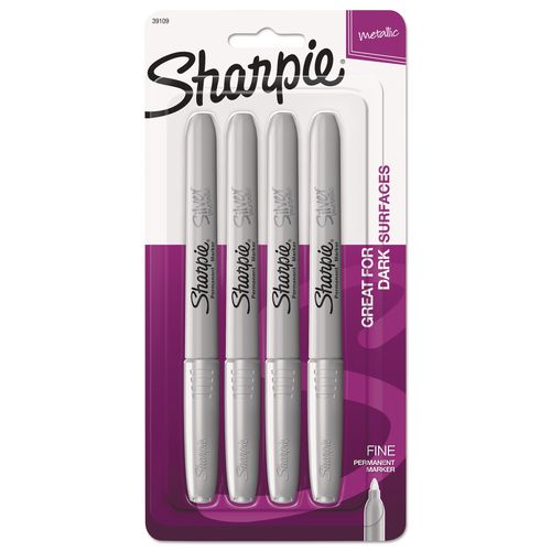 Sharpie Metallic Fine Point Permanent Markers, Fine Bullet Tip, Metallic Silver, 4/Pack