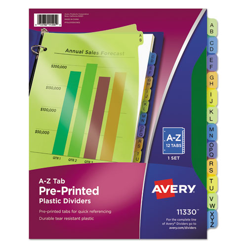 Avery Durable Preprinted Plastic Tab Dividers, 12-Tab, A to Z, 11 x 8.5, Assorted, 1 Set