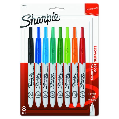 Sharpie Retractable Permanent Marker, Extra-Fine Needle Tip, Assorted Colors, 8/Set