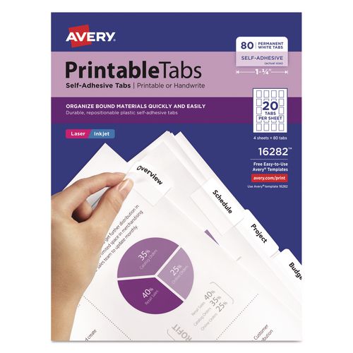 Avery Printable Plastic Tabs with Repositionable Adhesive, 1/5-Cut, White, 1.75" Wide, 80/Pack