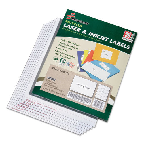 AbilityOne 7530015789299, SKILCRAFT Adhesive Name Badge Labels, Inkjet/Laser Printers, 2.33 x 3.38, White, 8/Sheet, 50 Sheets/Box