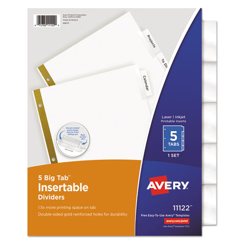Avery Insertable Big Tab Dividers, 5-Tab, Double-Sided Gold Edge Reinforcing, 11 x 8.5, White, Clear Tabs, 1 Set