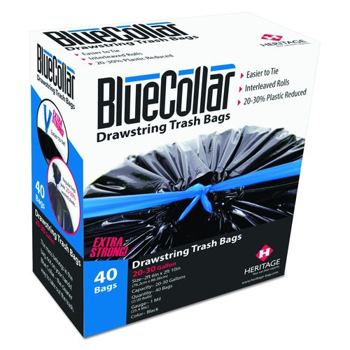 BlueCollar Drawstring Trash Bags, Drawstring, 30 gal, 1 mil, 30" x 34", Black, 40 Bags/Box, 6 Boxes/Carton
