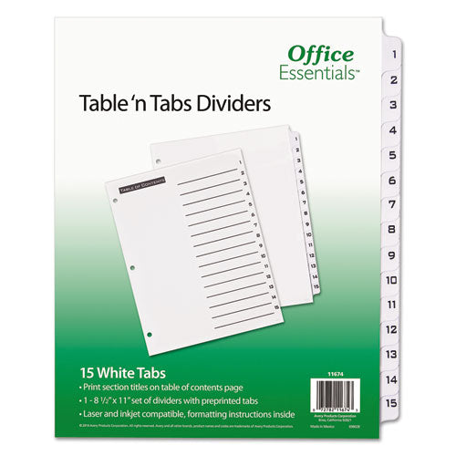 Office Essentials Table 'n Tabs Dividers, 15-Tab, 1 to 15, 11 x 8.5, White, White Tabs, 1 Set