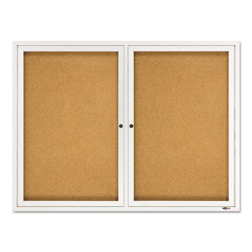 Quartet Enclosed Indoor Cork Bulletin Board with Two Hinged Doors, 48" x 36", Tan Surface, Satin Aluminum Frame