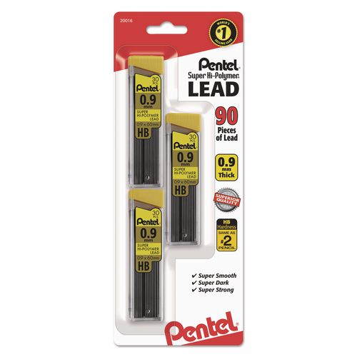 Pentel Super Hi-Polymer Lead Refills, 0.9 mm, HB, Black, 30/Tube, 3 Tubes/Pack