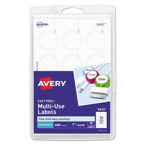 Avery Removable Multi-Use Labels, Inkjet/Laser Printers, 1" dia, White, 12/Sheet, 50 Sheets/Pack, (5410)