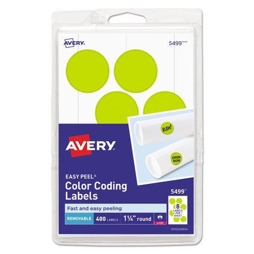 Avery Printable Self-Adhesive Removable Color-Coding Labels, 1.25" dia, Neon Yellow, 8/Sheet, 50 Sheets/Pack, (5499)