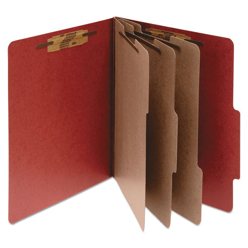 ACCO Pressboard Classification Folders, 2/5-Cut Tab, Expands 4", 3 Dividers, 8 Fasteners, Legal Size, Earth Red, 10/Box