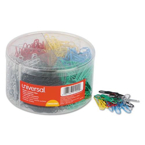 Universal Plastic-Coated Paper Clips with Six-Compartment Dispenser Tub, #3, Assorted Colors, 1,000/Pack