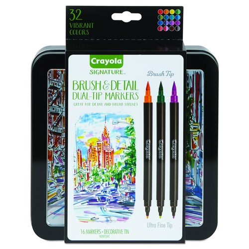 Crayola Brush and Detail Dual Ended Markers, Extra-Fine Brush/Bullet Tips, Assorted Colors, 16/Set