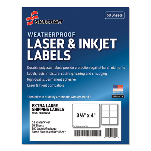 AbilityOne 7530016736217, SKILCRAFT Weatherproof Mailing Labels, Inkjet/Laser Printers, 3.33 x 4, White, 6/Sheet, 50 Sheets/Pack