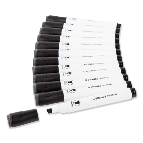 U Brands Chisel Tip Low-Odor Dry-Erase Markers with Erasers, Broad Chisel Tip, Black, Dozen