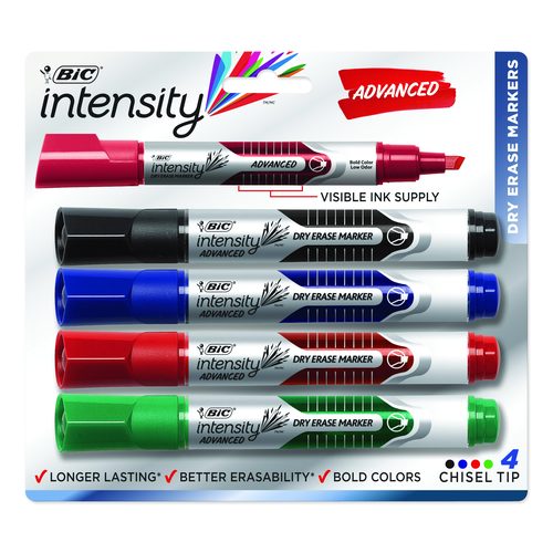 BIC Intensity Advanced Dry Erase Marker, Tank-Style, Broad Chisel Tip, Assorted Colors, 4/Pack