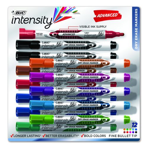 BIC Intensity Advanced Dry Erase Marker, Pocket-Style, Medium Bullet Tip, Assorted Colors, Dozen