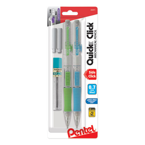 Pentel QUICK CLICK Mechanical Pencils with Tube of Lead/Erasers, 0.7 mm, HB (#2), Black Lead, Assorted Barrel Colors, 2/Pack