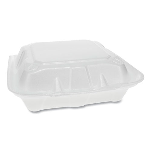 Pactiv Evergreen Vented Foam Hinged Lid Container, Dual Tab Lock, 3 Compartments, 8.4 x 8 x 3, White, 150/Carton