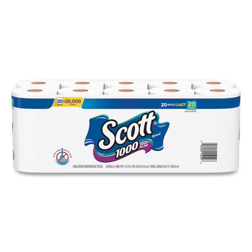 Scott 1000 Bathroom Tissue, Septic Safe, 1-Ply, White, 1,000 Sheets/Roll, 20 Rolls/Pack