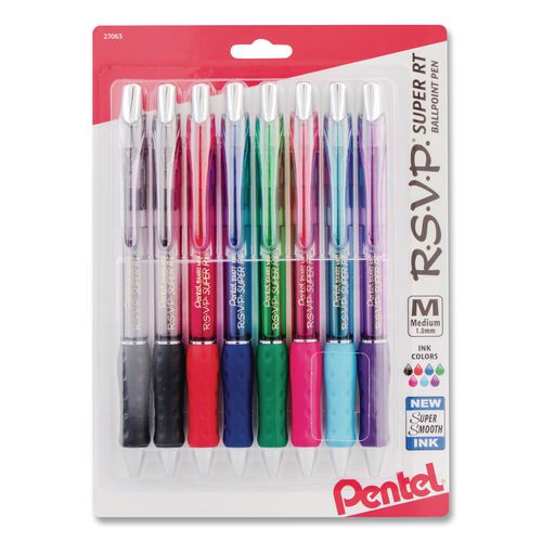 Pentel R.S.V.P. Super RT Ballpoint Pen, Retractable, Medium 1 mm, Assorted Ink and Barrel Colors, 8/Pack