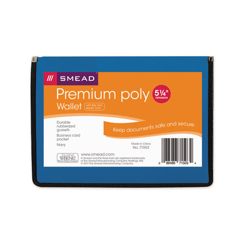Smead Poly Premium Wallets, 5.25" Expansion, 1 Section, Elastic Cord Closure, Letter Size, Navy Blue