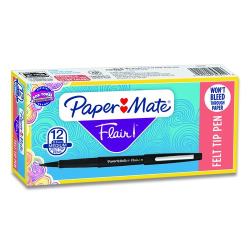 Paper Mate Point Guard Flair Felt Tip Porous Point Pen, Stick, Medium 0.7 mm, Black Ink, Black Barrel, Dozen