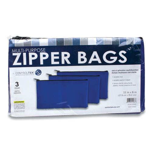 CONTROLTEK Fabric Deposit Bag, Vinyl, 5.5" x 11", Blue, 3/Pack