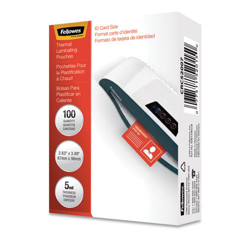 Fellowes Laminating Pouches, 5 mil, 3.88" x 2.63", Gloss Clear, 100/Pack