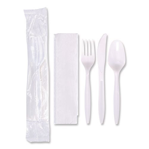 Hoffmaster Economy Cutlery Kit, Fork/Knife/Napkin/Spoon, Plastic, White, 250/Carton