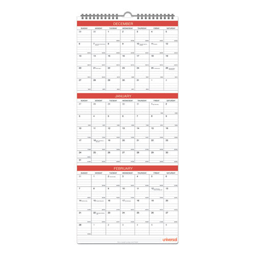 Universal Three-Month Wall Calendar, 12 x 27, White/Red Sheets, 14-Month: Dec 2025 to Jan 2027
