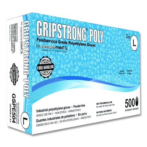 GripStrong Poly Foodservice Grade Polyethylene Gloves, Powder-Free, Large, 9.5" Long, Clear, 500/Box, 20 Boxes/Carton
