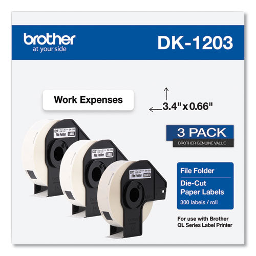 Brother Die-Cut File Folder Labels, 0.66 x 3.4, White, 300 Labels/Roll, 3 Rolls/Pack
