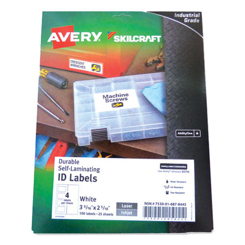 AbilityOne 7530016878445, SKILCRAFT AVERY Durable Self-Laminating ID Labels, 2.31 x 3.31, White, 4/Sheets, 25 Sheets/Pack