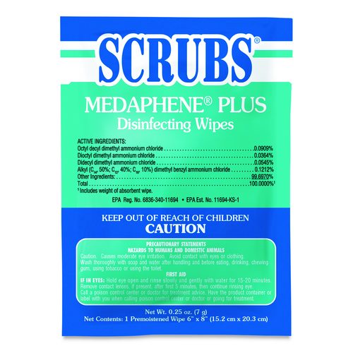SCRUBS MEDAPHENE Plus Disinfectant Wet Wipes, 1-Ply, 6 x 8, Citrus, White, Individual Foil Packets, 100/Carton