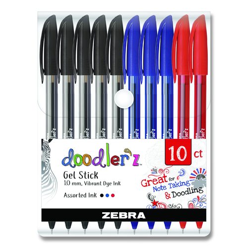 Zebra Doodler'z Gel Pen, Stick, Bold 1 mm, Assorted Ink and Barrel Colors, 10/Pack
