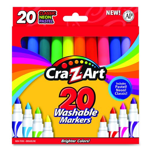 Cra-Z-Art Washable Markers, Broad Bullet Tip, Assorted Classic/Neon/Pastel Colors, 20/Set