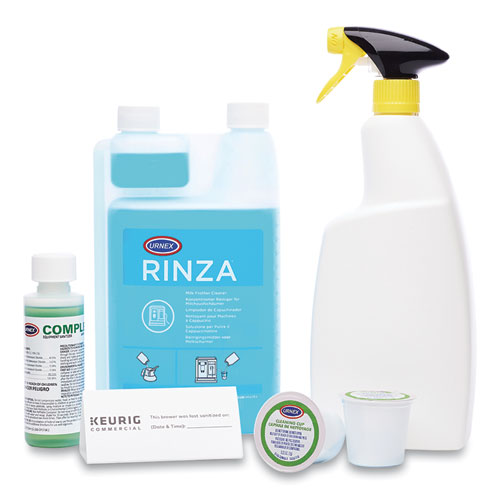 Keurig K-Cup Pod Brewer Deep Cleaning Kit, 4 oz Complete Cafe, (3) 32 oz Rinza, (15) K-Cup Cleaning Cups, Empty Spray Bottle