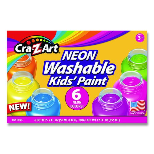 Cra-Z-Art Neon Washable Kids' Paint, 6 Assorted Neon Colors, 2 oz Bottle, 6/Pack