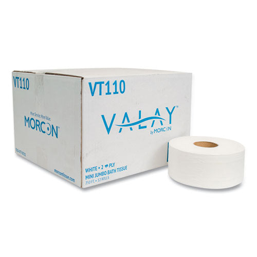 Morcon Tissue Valay Mini Jumbo Bath Tissue, Septic Safe, 2-Ply, 3.25" x 750 ft, White, 12 Rolls/Carton