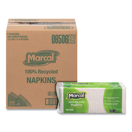 Marcal 100% Recycled Luncheon Napkins, 1 Ply, 11.4 x 12.5, White, 400/Pack, 6 Packs/Carton