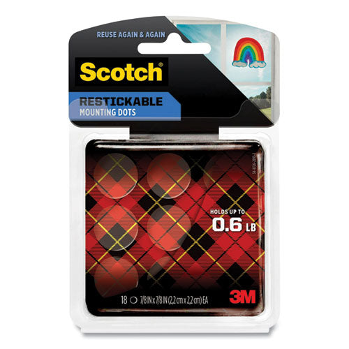 Scotch Restickable Mounting Tabs, Holds Up to 0.6 lb, 0.88" Pre-Cut Circles, Clear, 18/Pack